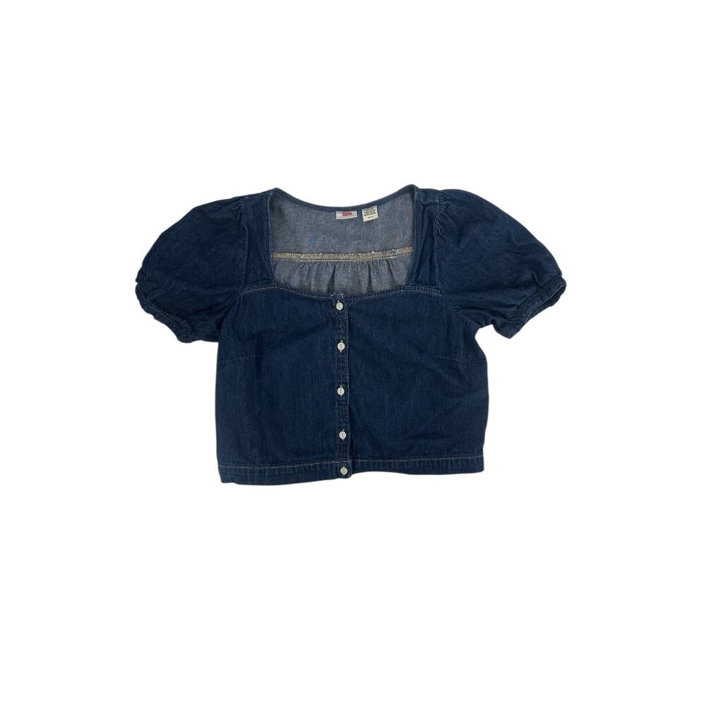 💙 Levi’s Dark Wash Denim Puff Sleeve Crop Blouse Small 💙 - Picture 4 of 8